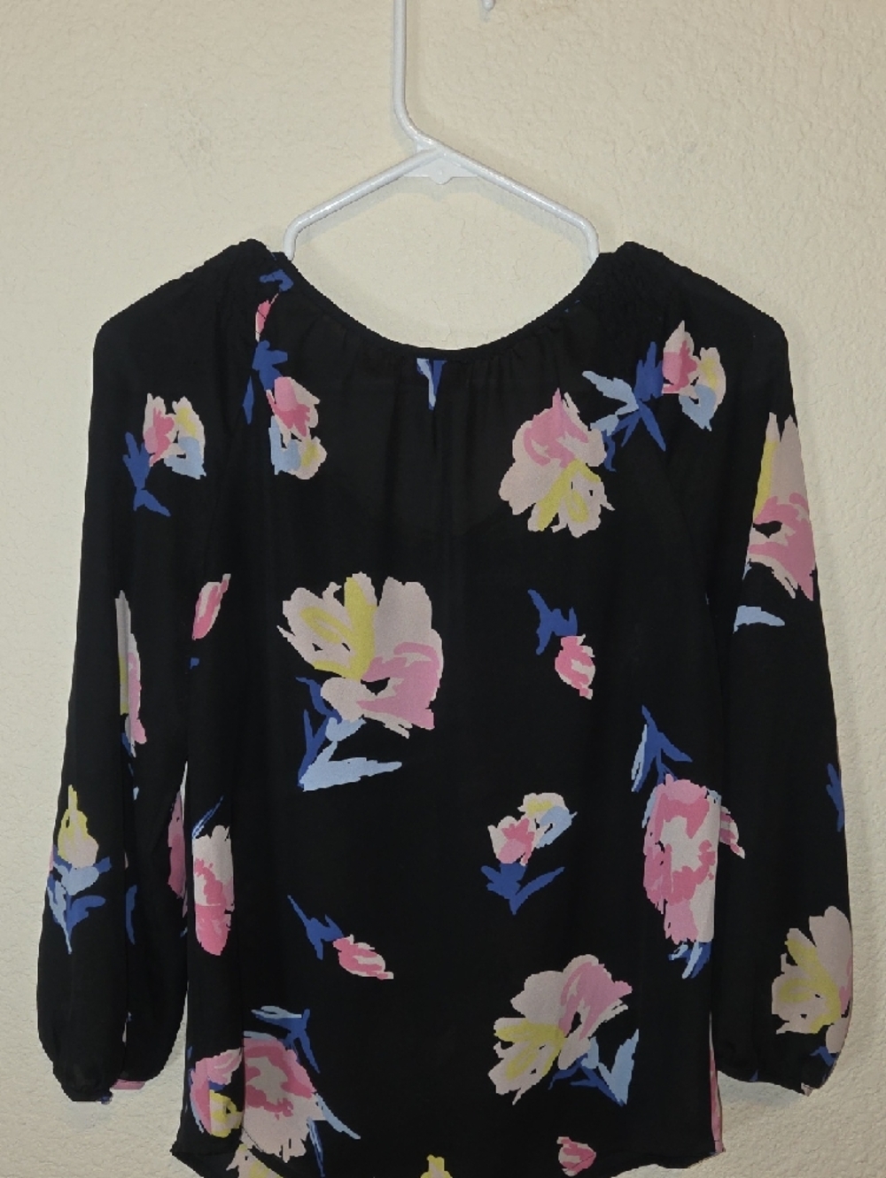 Elle Black Floral Peasant Blouse with Pink, Yellow & Blue Accents - Picture 2 of 4